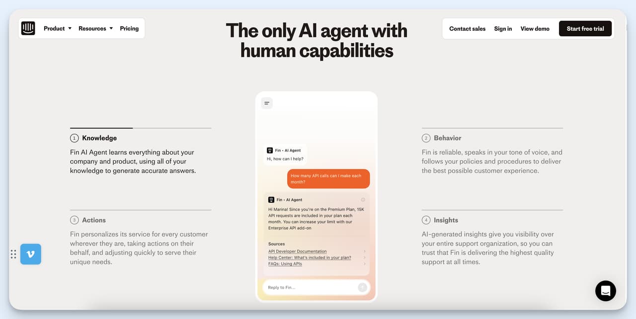 Freshdesk alternative: Intercom's Fin AI agent handles common customer questions autonomously