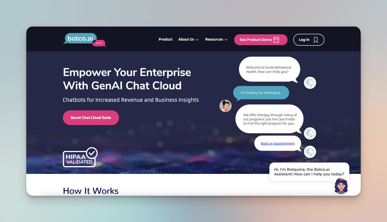 Botco.ai homepage with a dark background introducing the healthcare AI chatbot platform