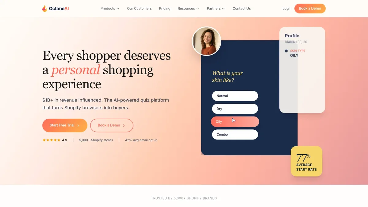 Octane AI homepage promoting AI quiz funnels and product recommendation chatbots for Shopify brands