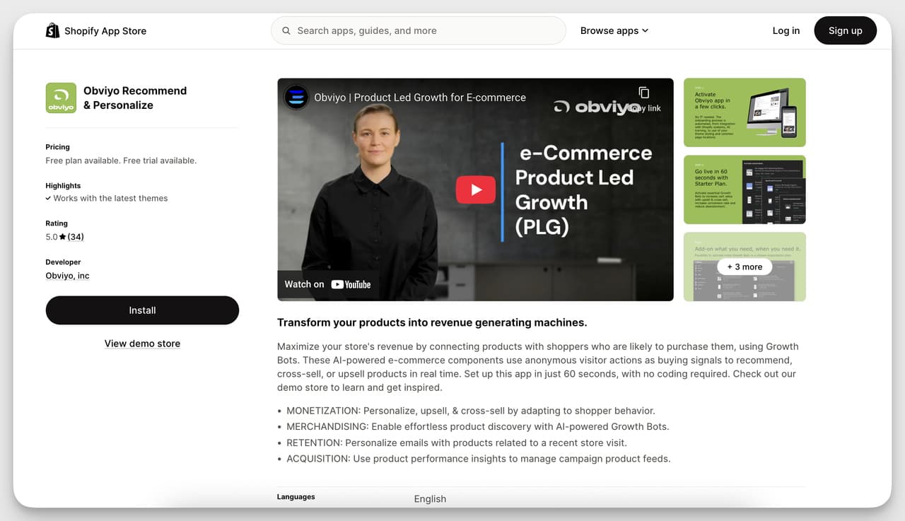Shopify Product Recommendation App - Obviyo interface highlighting AI-powered real-time personalization, product discovery, and upsell recommendations.