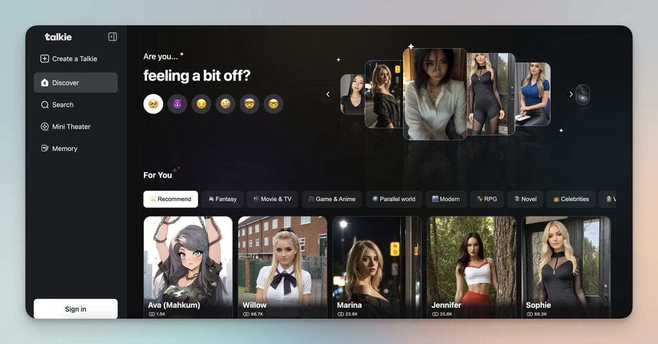Talkie homepage with different options