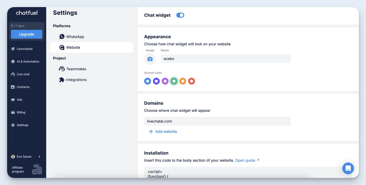Chatfuel platform settings page showing chat widget appearance and domain configuration
