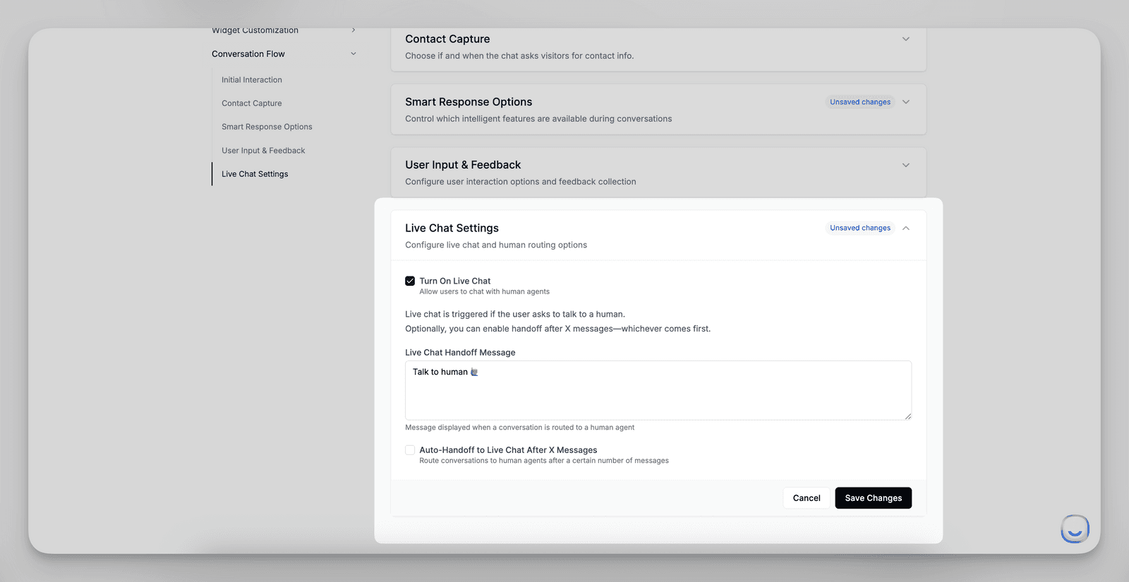 LivechatAI's interface showing how to enable human handoff.