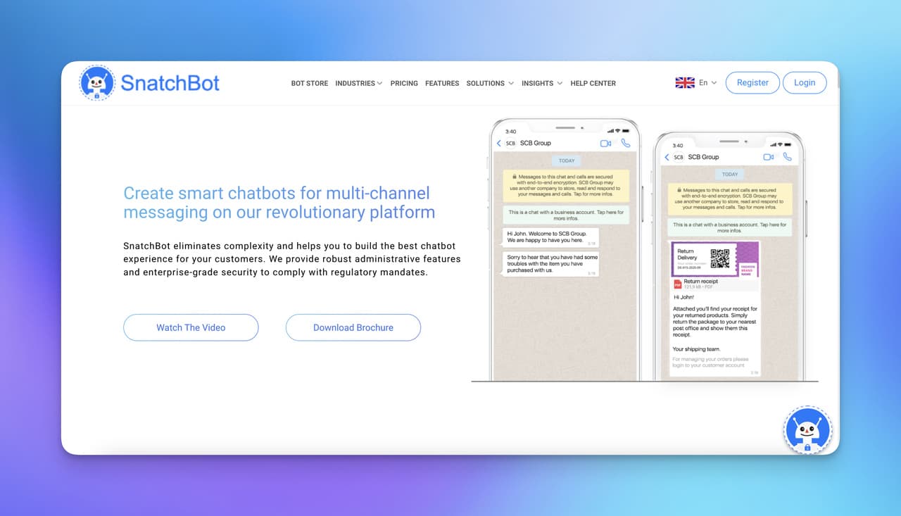 the homepage of SnatchBot with two mobile views on the above-the-fold
