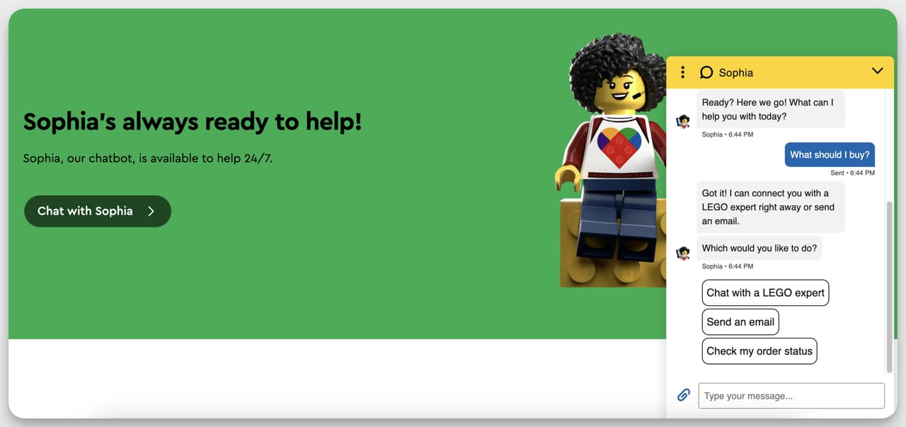 Screenshot of Lego's help page that shows Sofia Chatbot