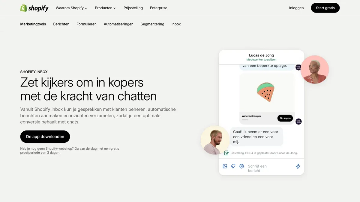 Shopify Inbox homepage showing free chat app for Shopify merchants with automated answers and order updates