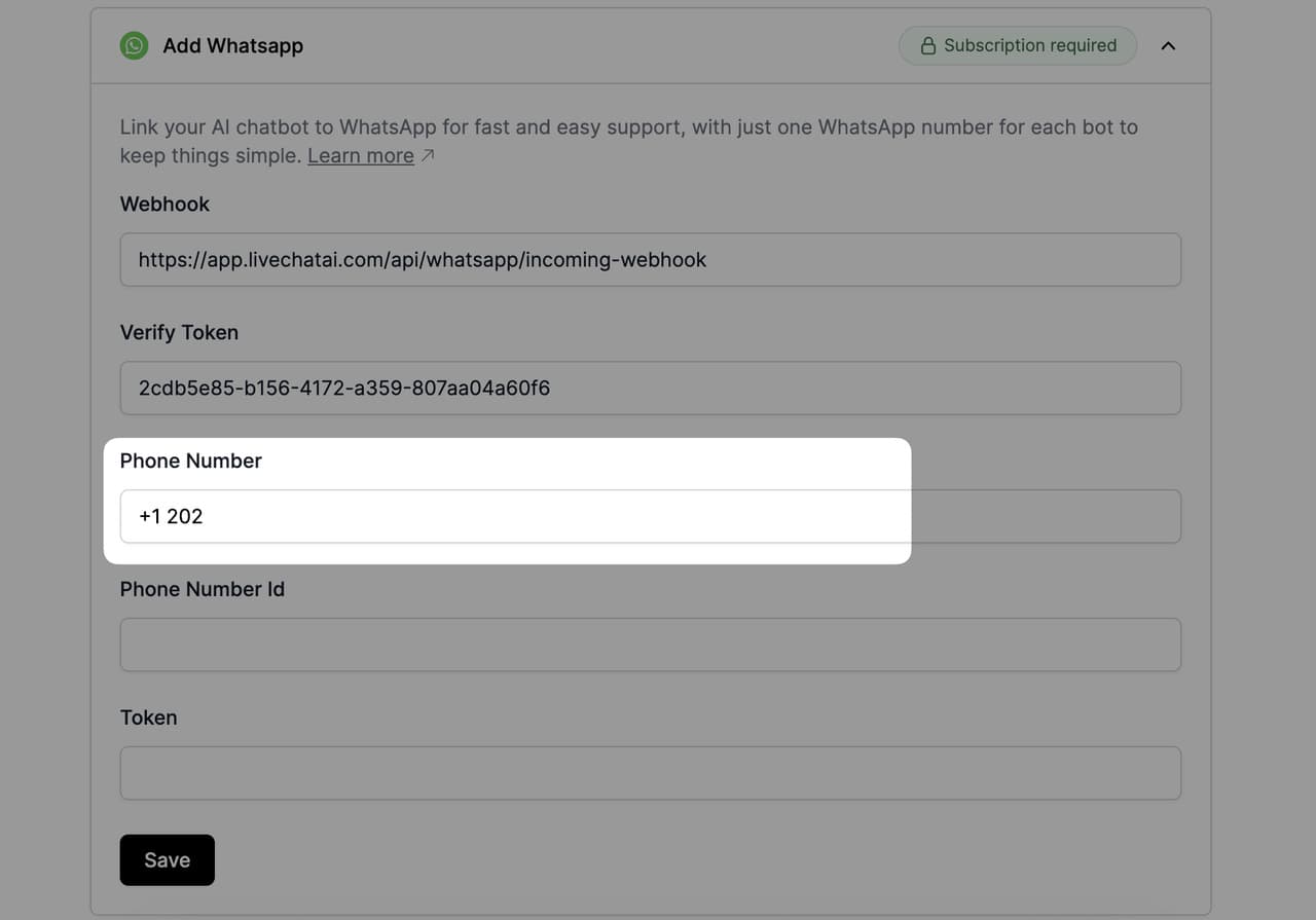 Phone Number field on the LiveChatAI dashboard