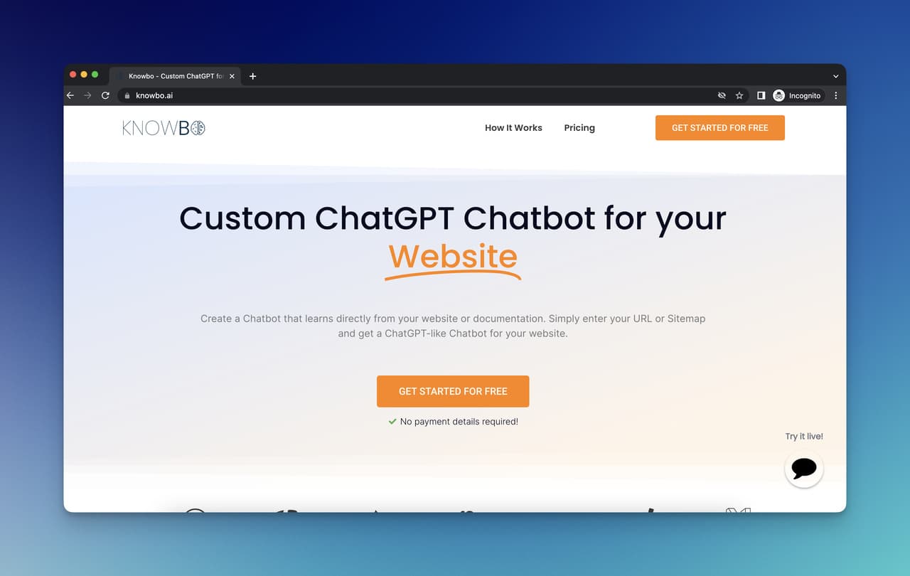 Knowbo homepage with motto and explanation for two-minute AI chatbot builder trained on sitemap and website URLs