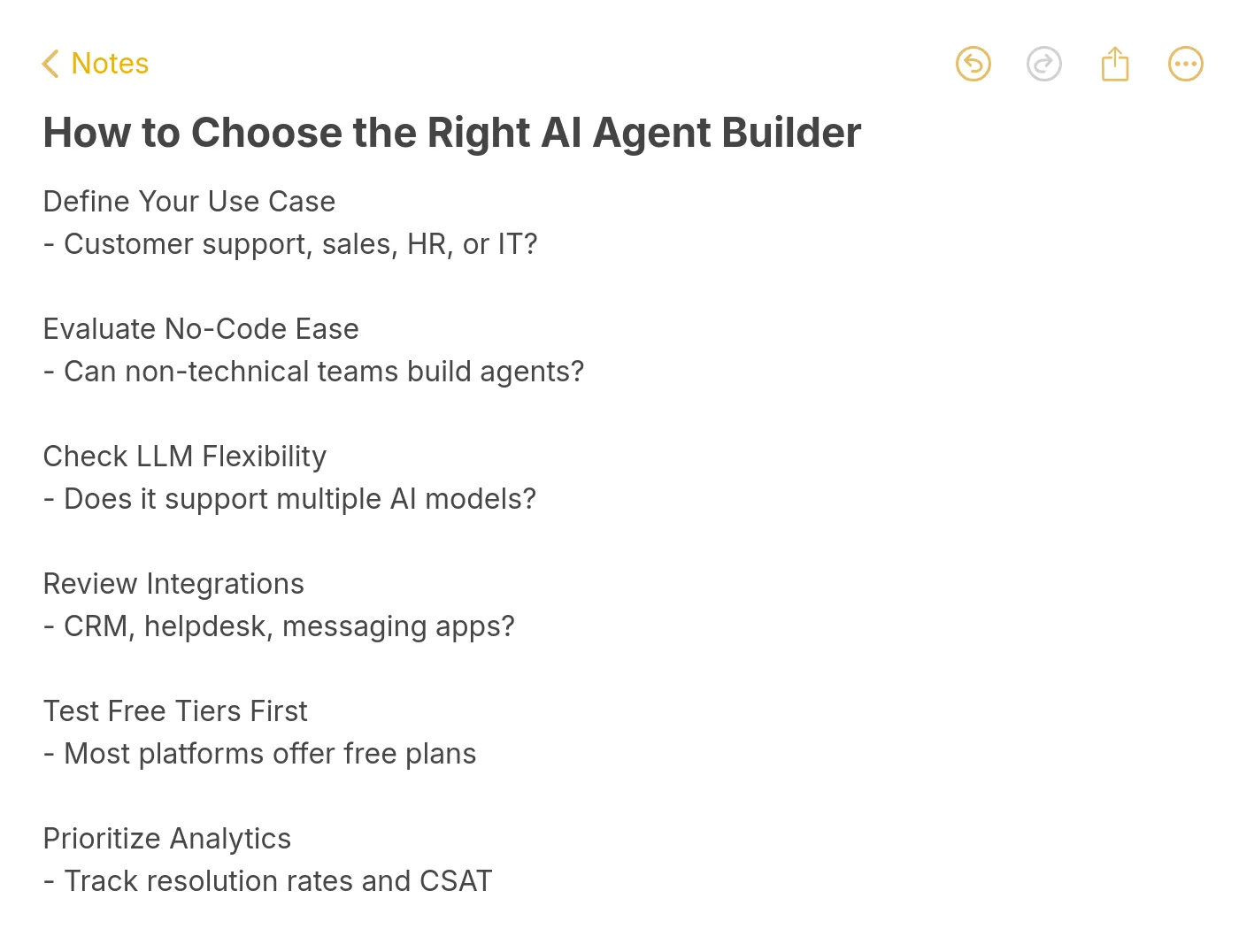 Checklist for choosing the right AI agent builder covering use case definition, no-code ease, LLM flexibility, integrations, free tiers, and analytics