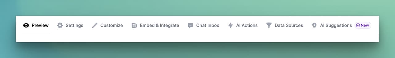 LiveChatAI dashboard tabs including Preview, Settings, Customize, Embed, Chat Inbox, and AI Actions for chatbot configuration