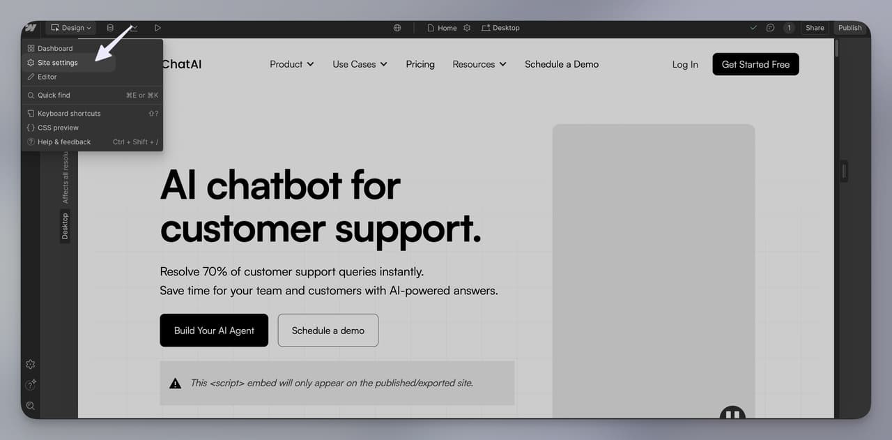 Opening Webflow Site Settings from the Designer view to configure your Webflow AI Agent