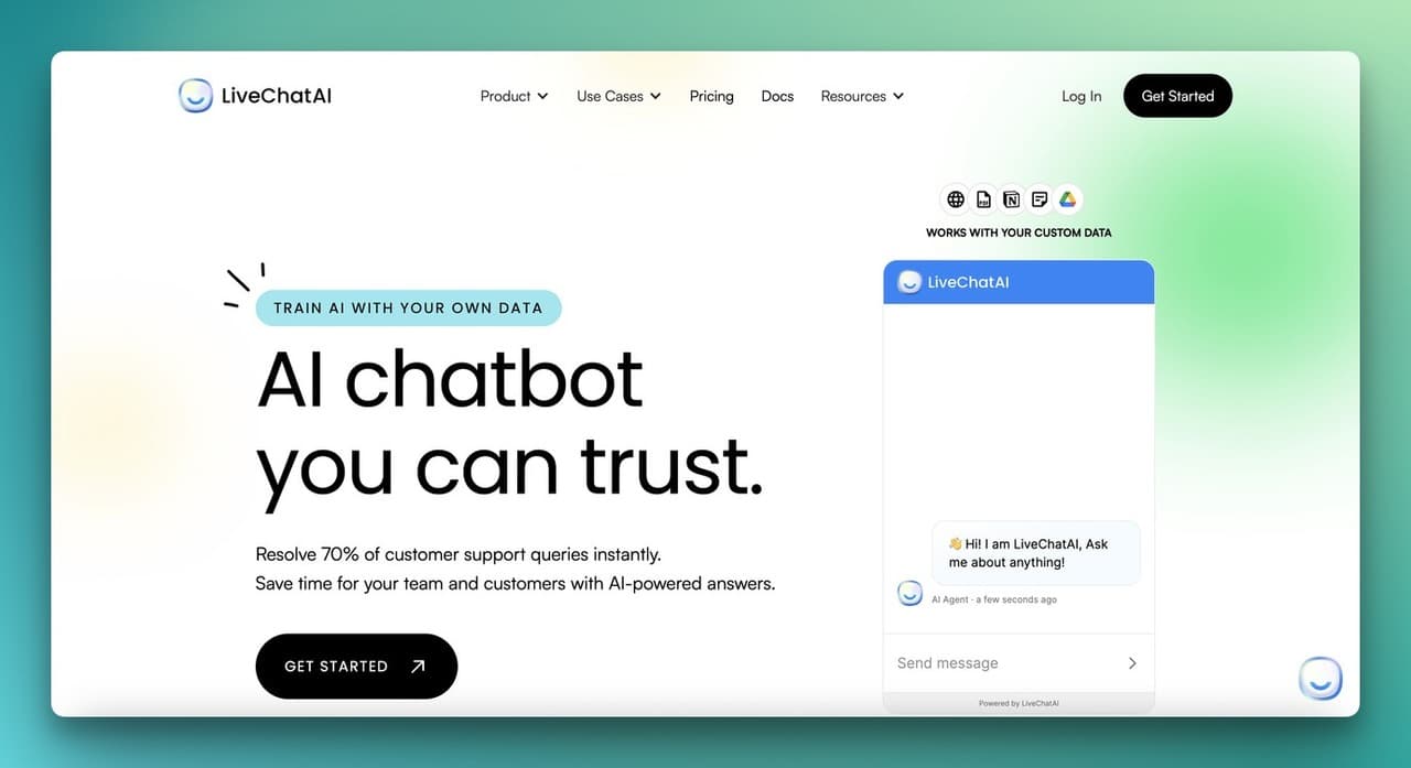 LiveChatAI homepage showing AI chatbot platform for customer support and ticket reduction