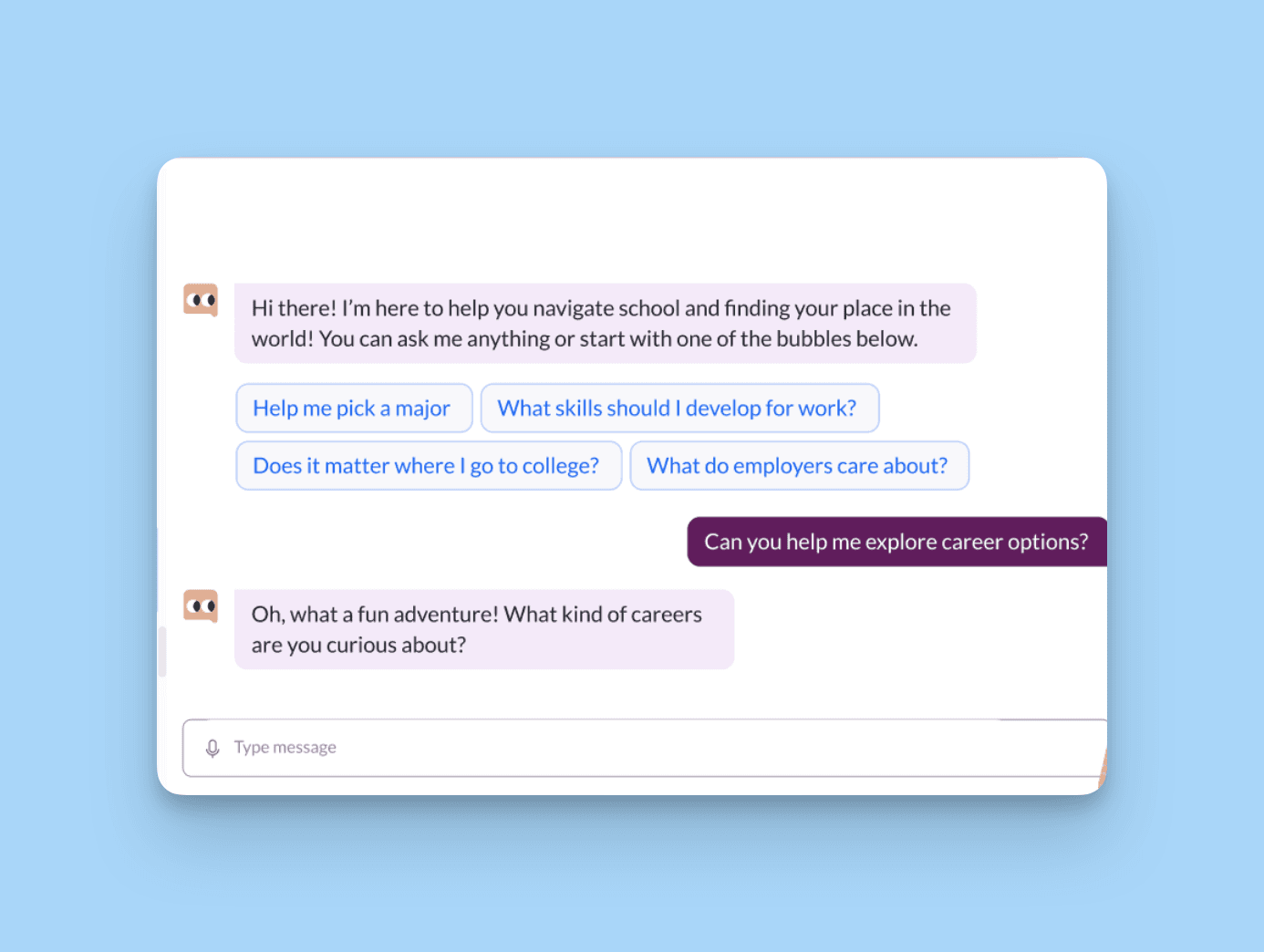 Education chatbot example interface answering student questions about courses and deadlines