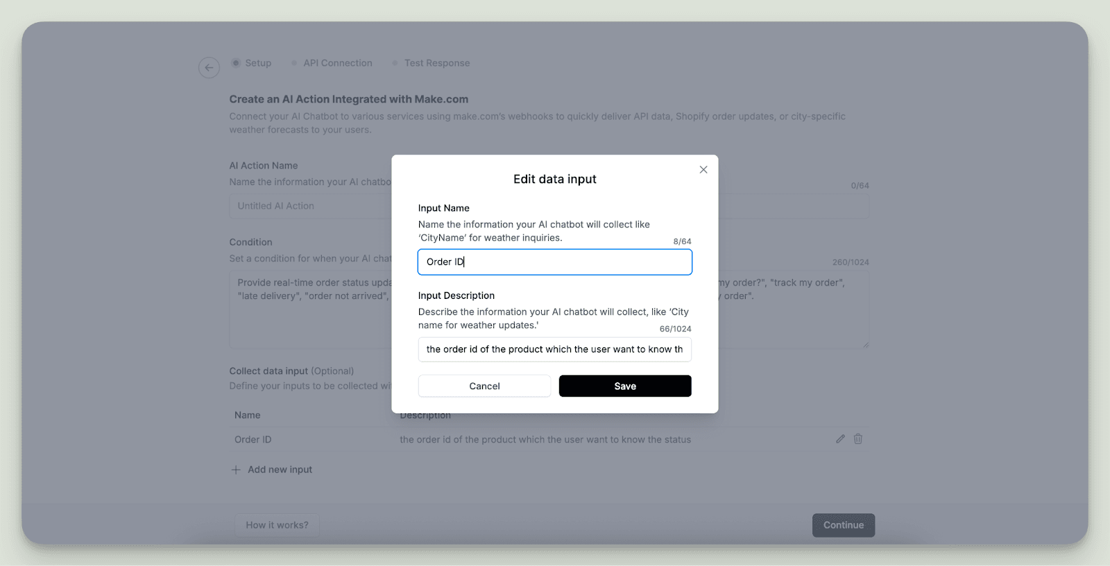 Define customer input fields like Order ID for your Shopify AI chatbot to fetch order details using LiveChatAI.
