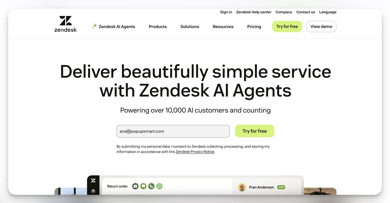 Zendesk homepage highlighting AI-powered customer service for ecommerce with automated workflows and enterprise-grade support tools