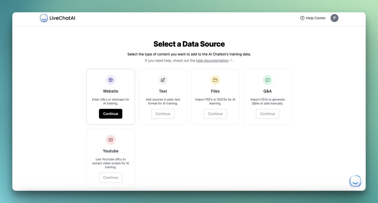 selecting a data source — website, PDF, text, Q&A — to train an AI chatbot for retail in LiveChatAI