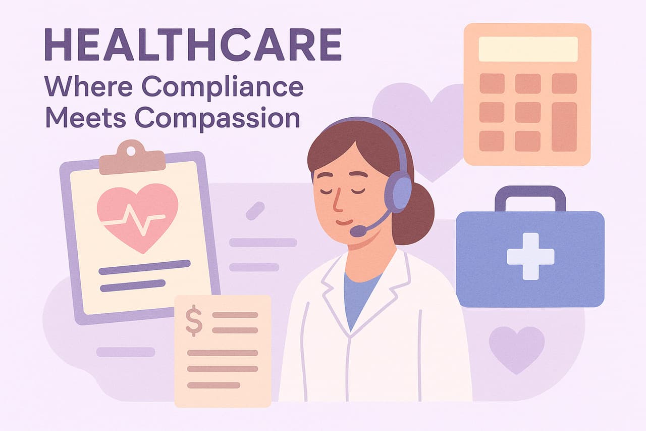 Healthcare customer support illustration with doctor wearing headset, heart and medical icons, emphasizing compliance and compassion in service operations