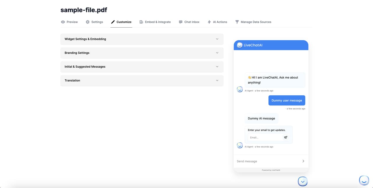 the page of customizing AI bot on LiveChatAI