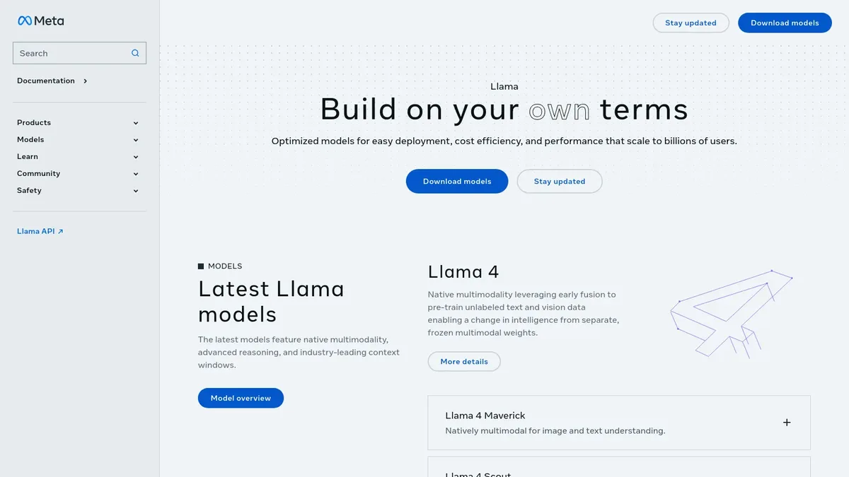 The Llama homepage by Meta showing the open-source AI model family for 2026