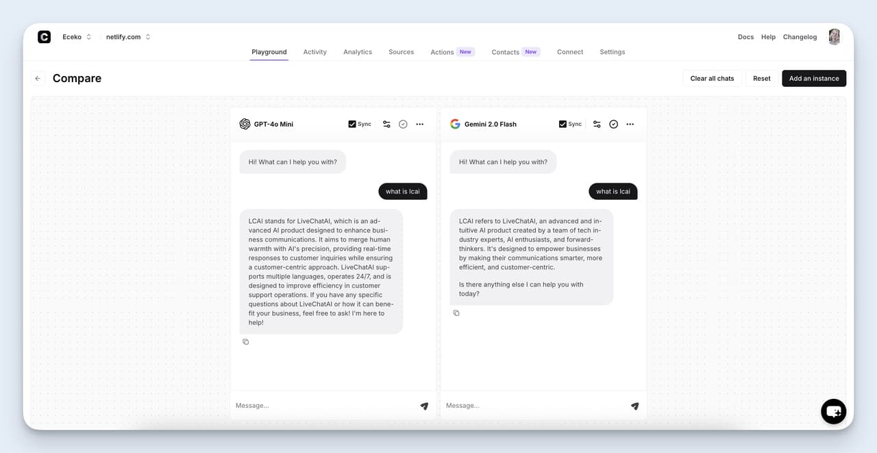 Chatbase Playground comparing GPT-4o Mini and Gemini Flash model responses in a live AI assistant setup