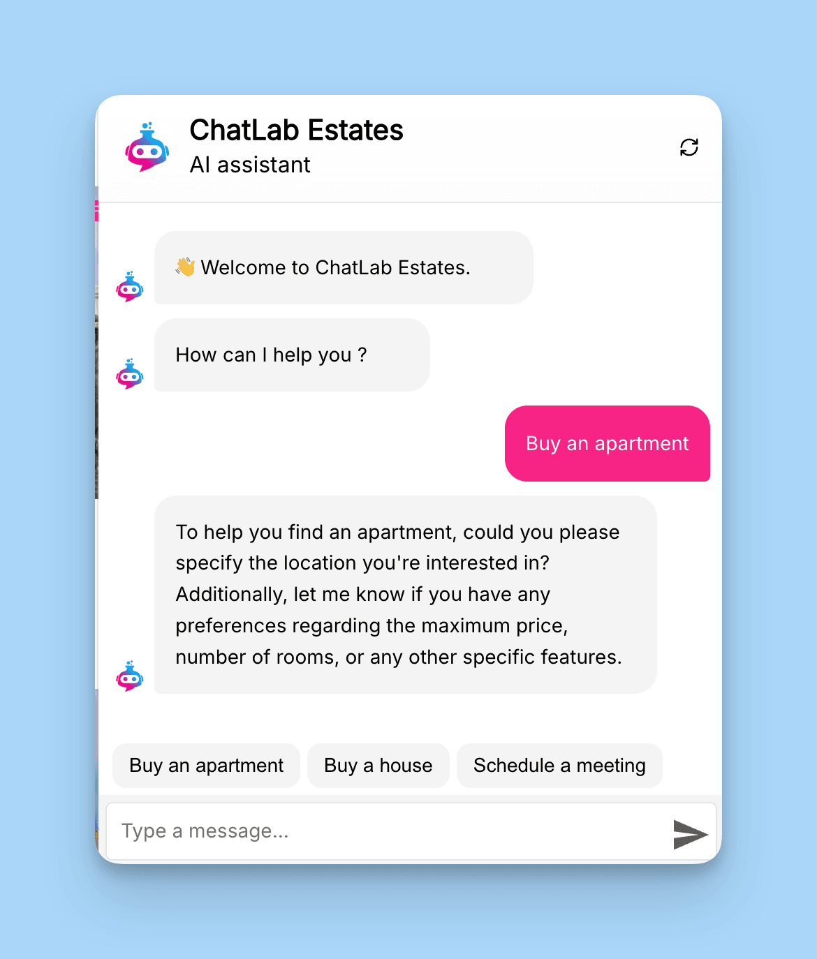 Real estate chatbot example interface helping a buyer filter property listings by price and location