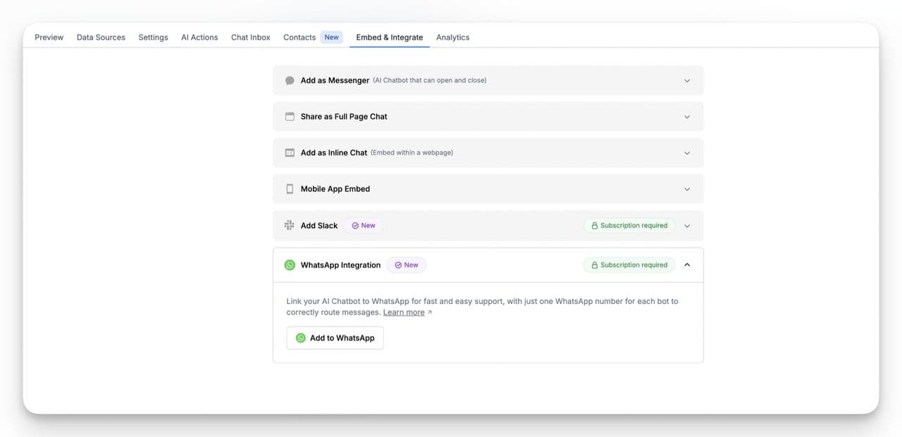 LiveChatAI Embed & Integrate dashboard displaying multiple channel options including WhatsApp Integration, Messenger, Slack, and inline chat for Shopify chatbot deployment.