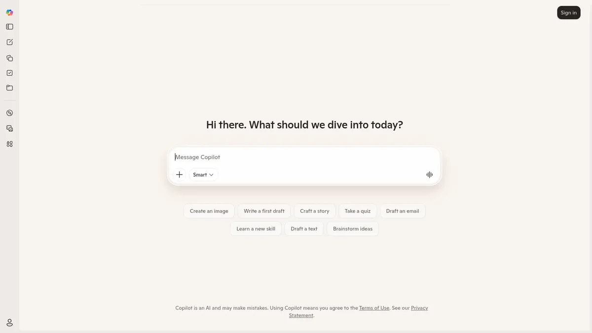Microsoft Copilot homepage greeting teachers with the Hi there what should we dive into today prompt