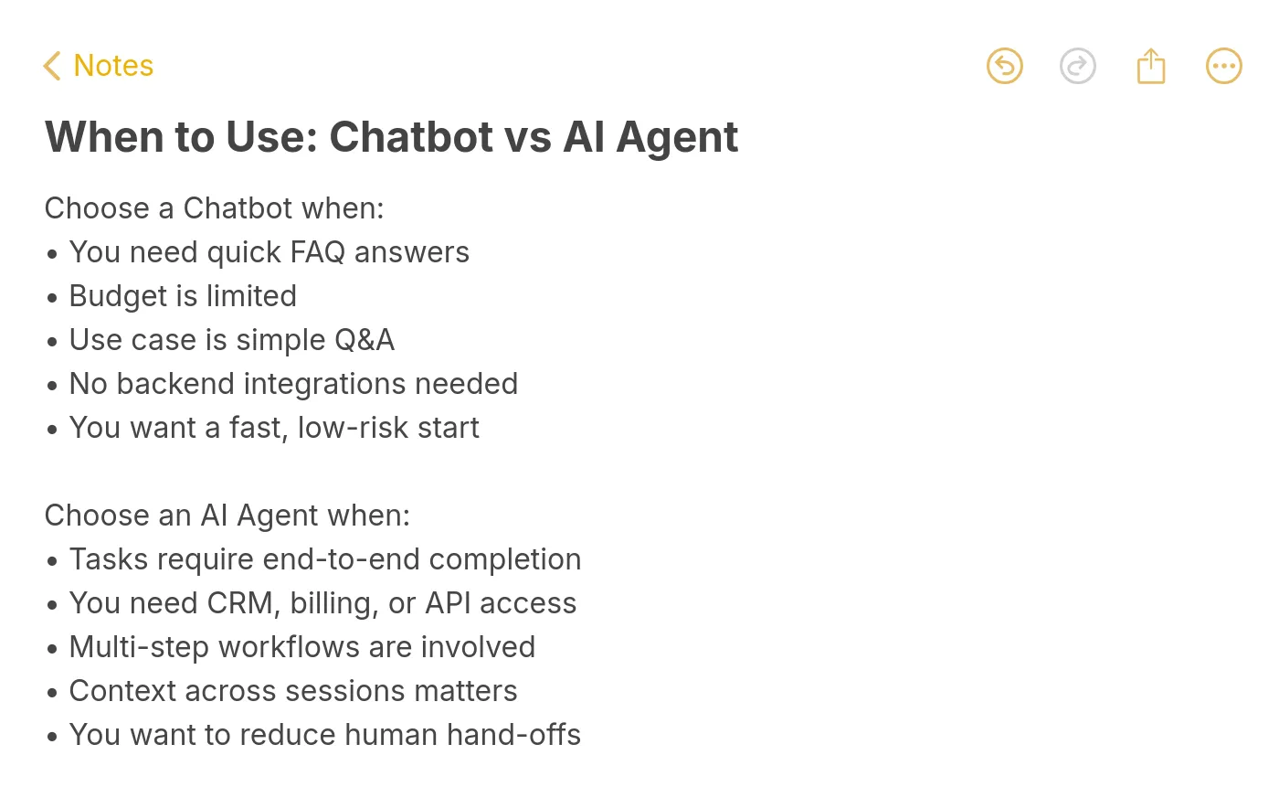 Decision framework note showing when to choose a chatbot versus an AI agent, based on use case complexity, budget, integration needs, and workflow requirements.