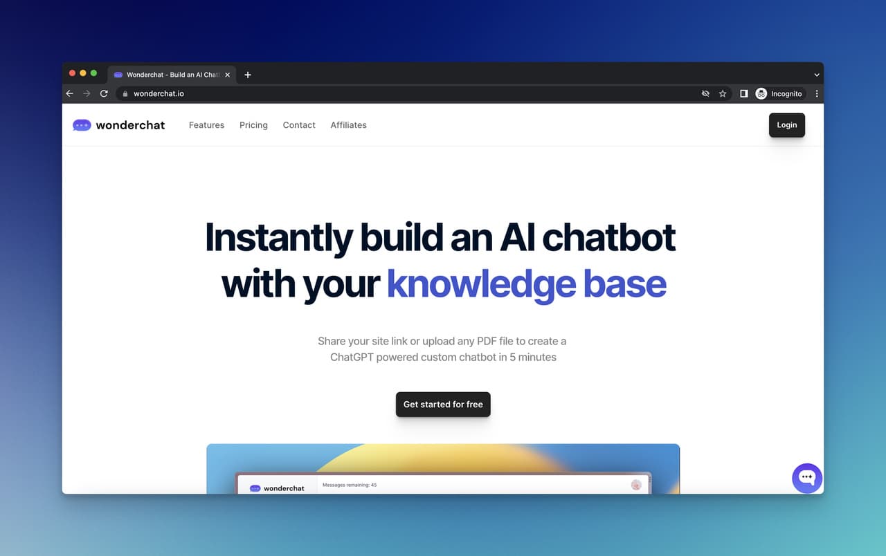Wonderchat homepage with explanatory aim and CTA button for AI chatbot builder trained on website URLs and PDFs