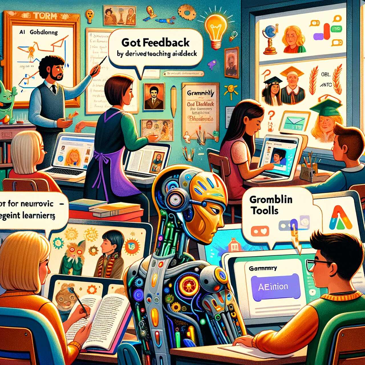 Teacher and students working with AI robots in a collaborative learning environment in 2026