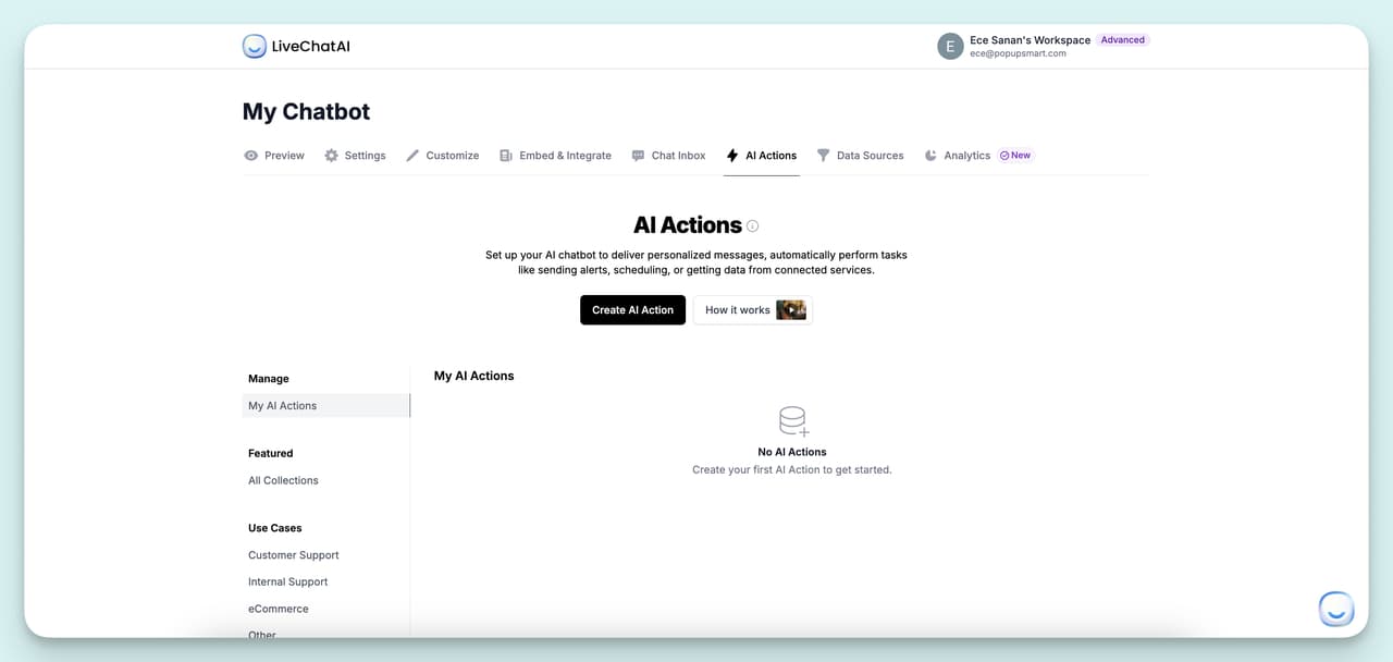 AI Actions tab on LiveChatAI dashboard