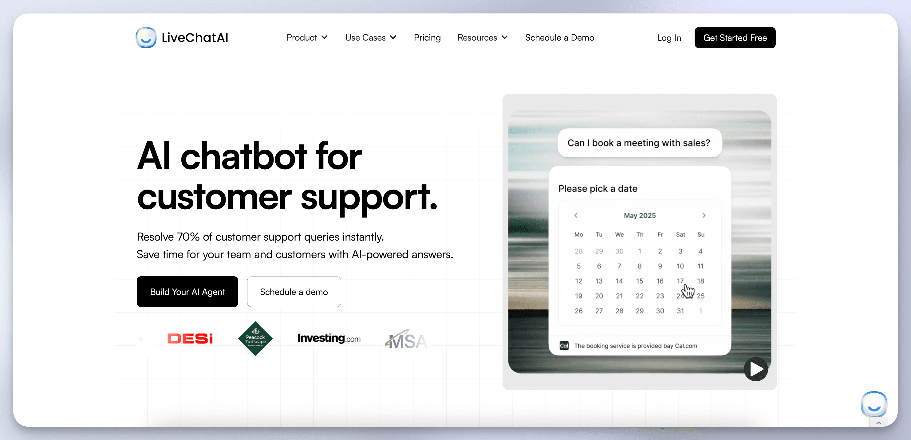LiveChatAI homepage showing unlimited-message plans and one-click AI Actions - Chatbase alternative for cost-efficient support.