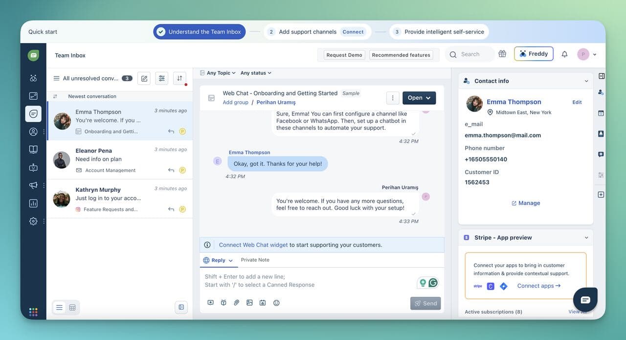the dashboard of FreshChat showing Team Inbox
