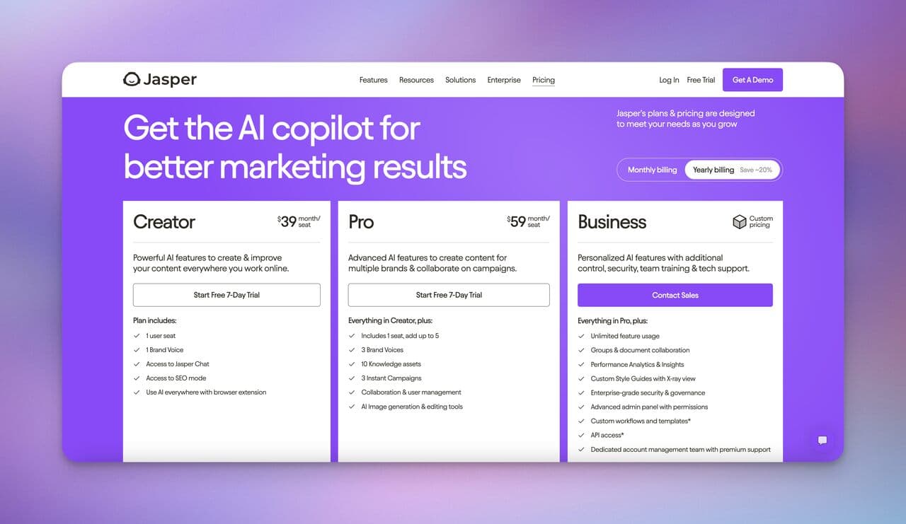 the pricing of Jasper AI