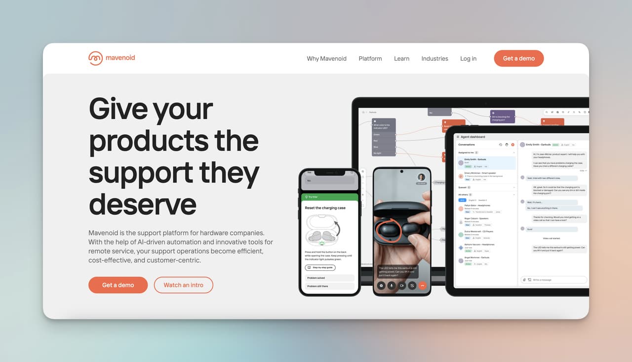 Mavenoid homepage with orange call-to-action buttons and a product support image