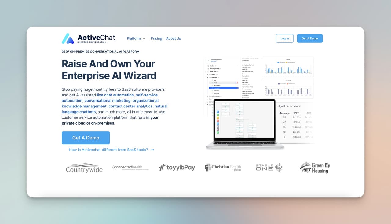 Activechat homepage with platform details and trusted brand logos