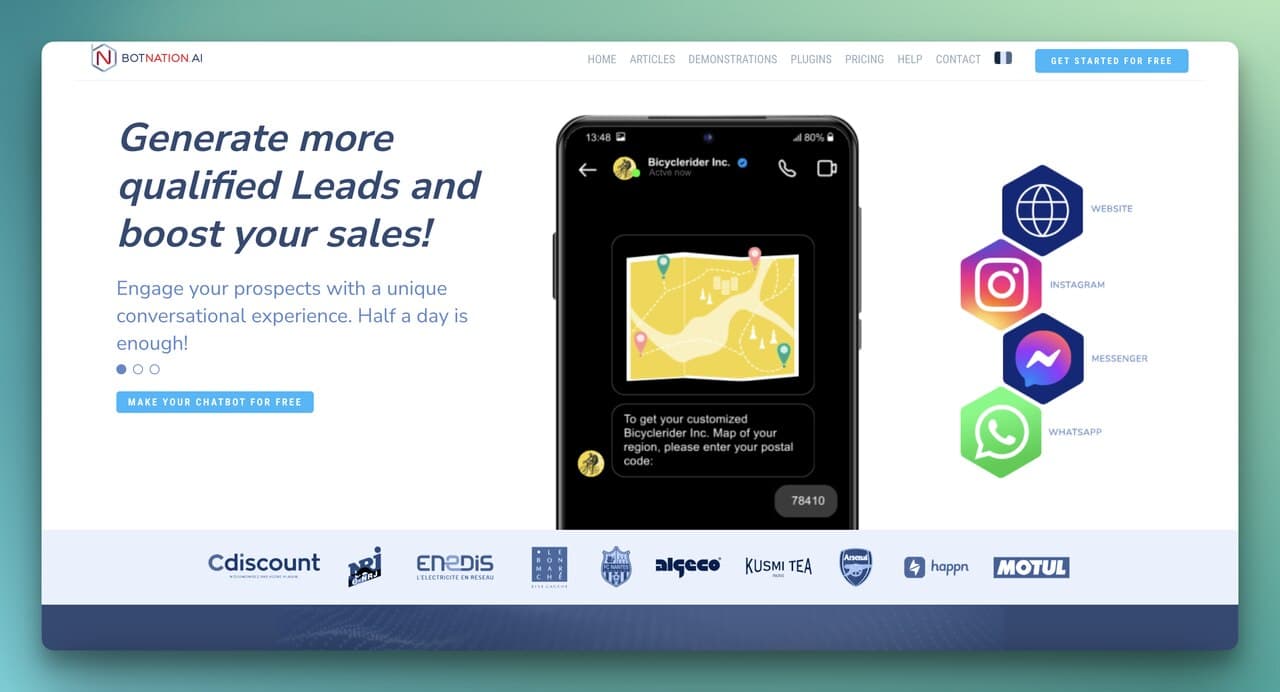 BotNation AI homepage showing no-code chatbot builder for marketing and social media engagement