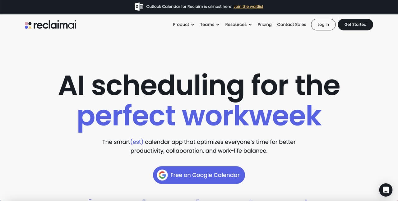 the homepage of Reclaim AI which is an AI scheduling platform