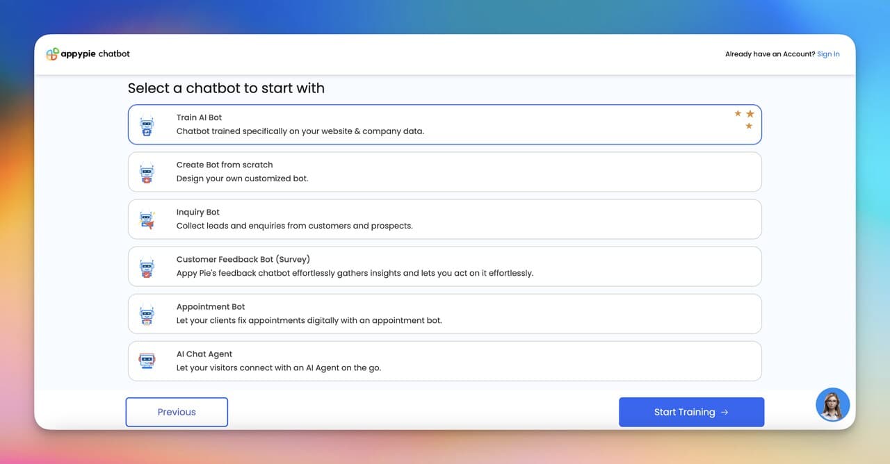 Appy Pie chatbot builder interface showing no-code bot creation wizard