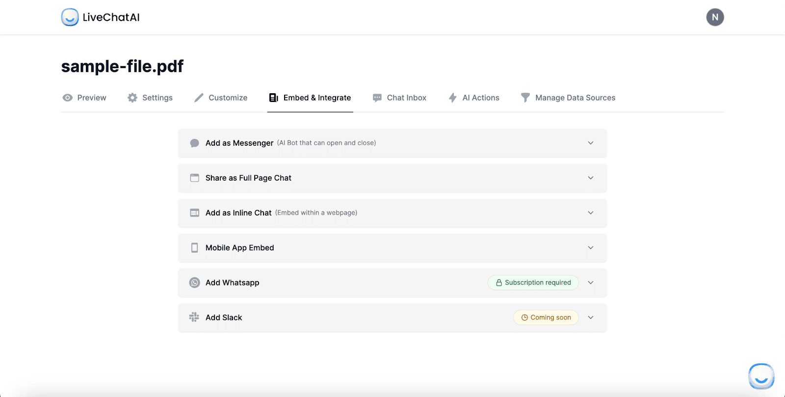 the Embed & Integrate section of LiveChatAI