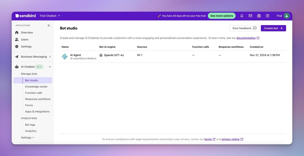 the dashboard of Sendbird