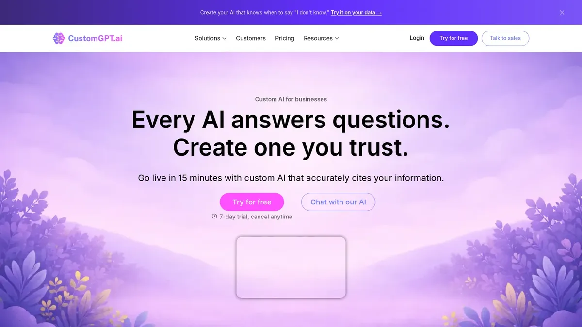 CustomGPT homepage showing custom AI chatbot creation from your website content documents and PDFs with no code required