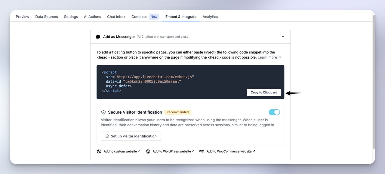 LiveChatAI dashboard showing the script snippet to embed a Webflow AI Agent using the Add as Messenger option