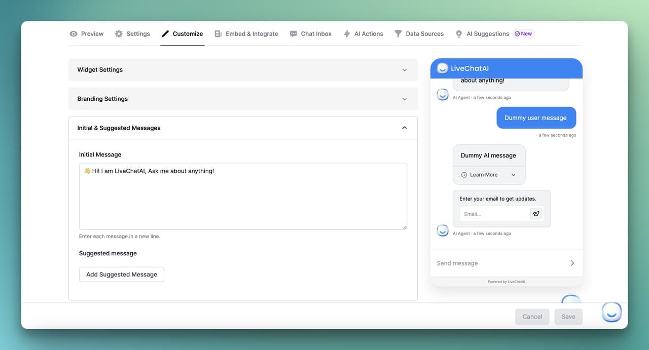 LiveChatAI's chatbot customization step on the dashboard