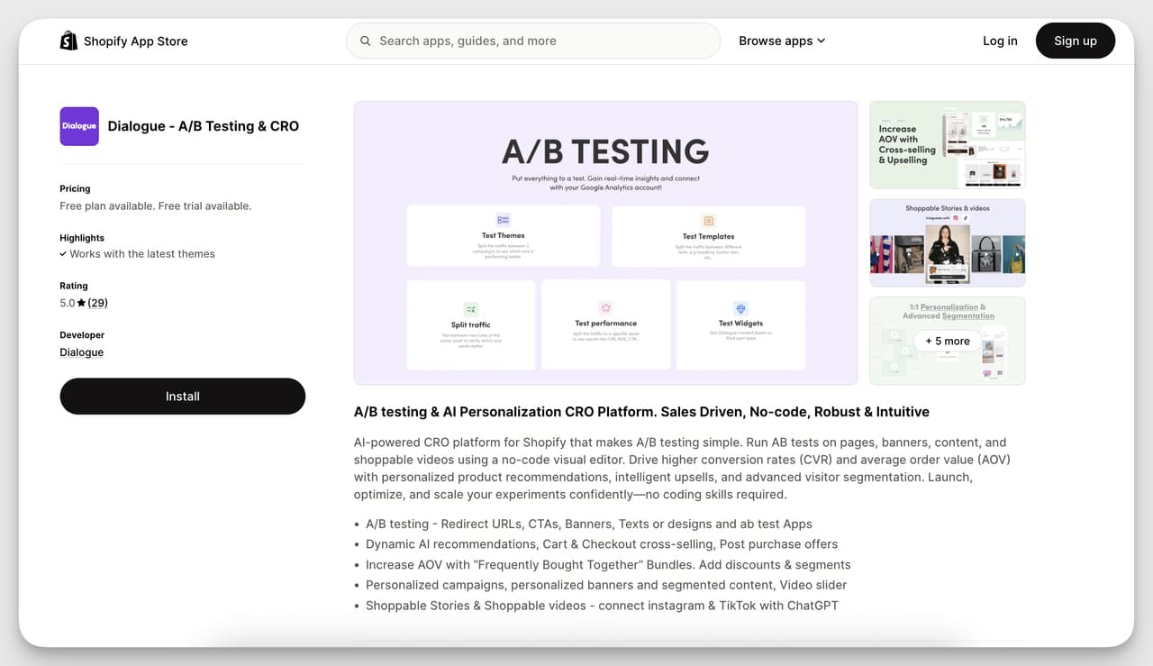 Shopify Product Recommendation App - Dialogue interface for AI personalization and A/B testing of product recommendations, upsells, and CRO optimization.