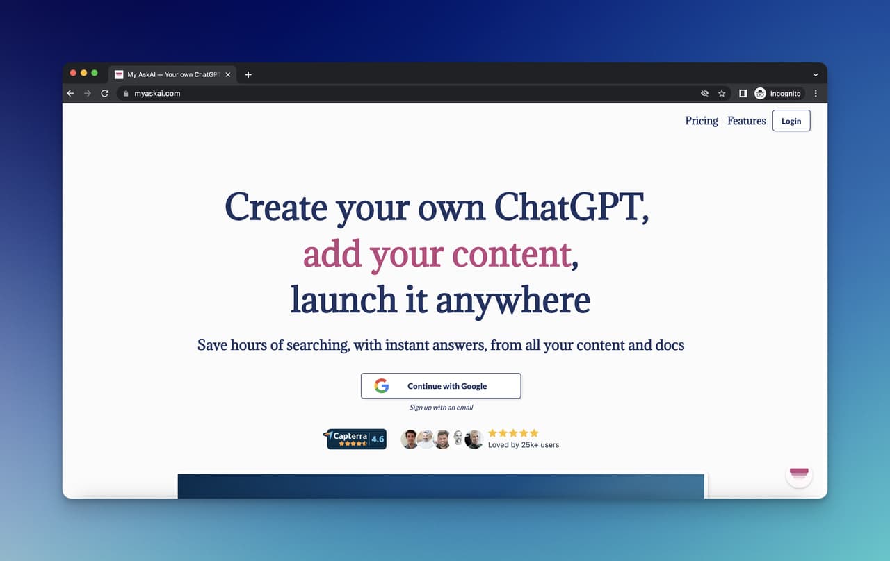 My AskAI homepage showing AI customer support chatbot positioning with rating and main value proposition above the fold