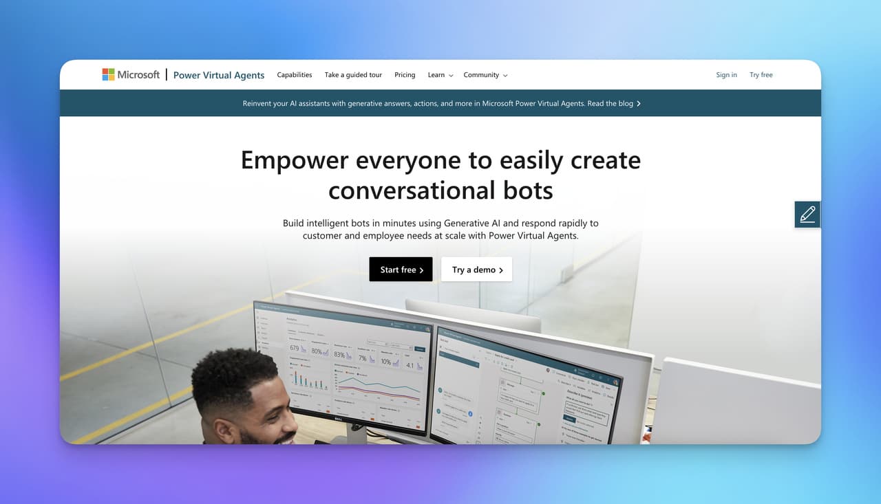 the Microsoft Power Virtual Agents page with an image