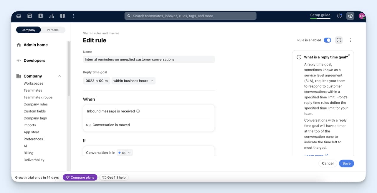 Freshdesk alternative: Front's rules engine routes inbound messages to the right teammate