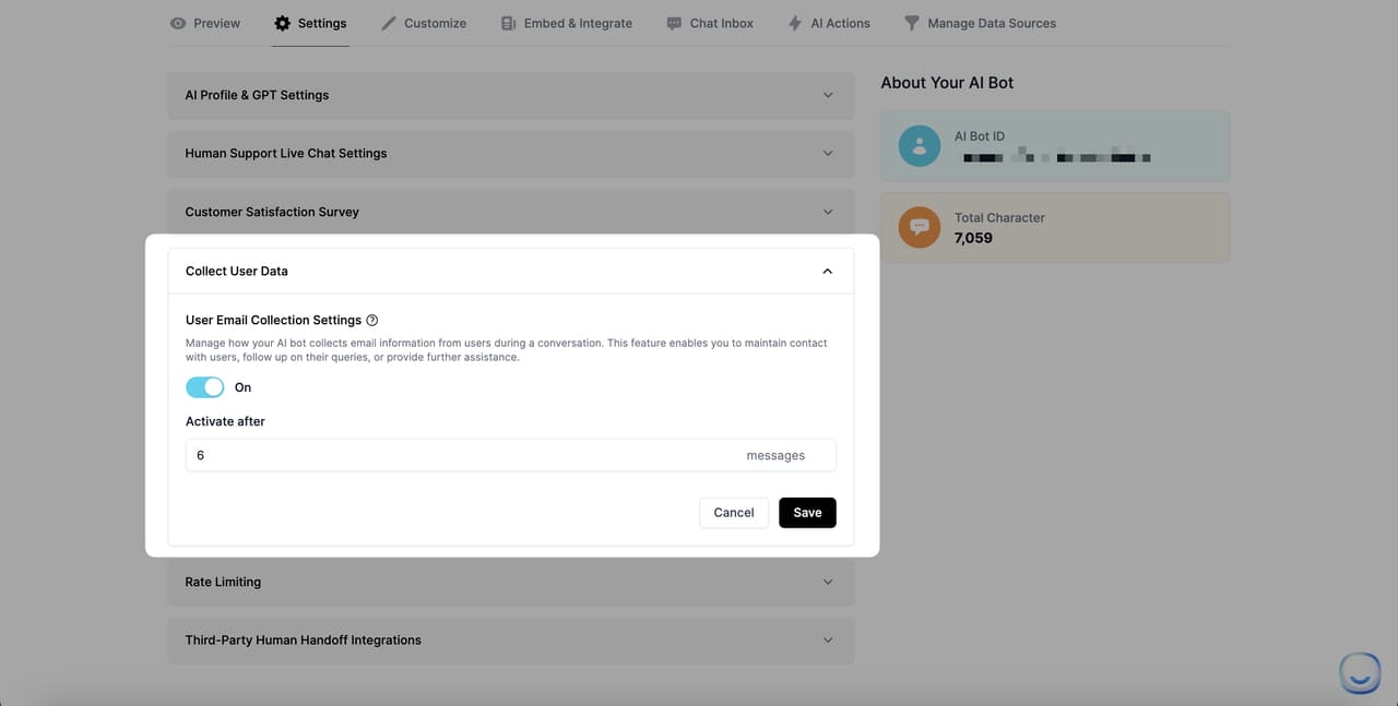 the selection of collect user data on LiveChatAI