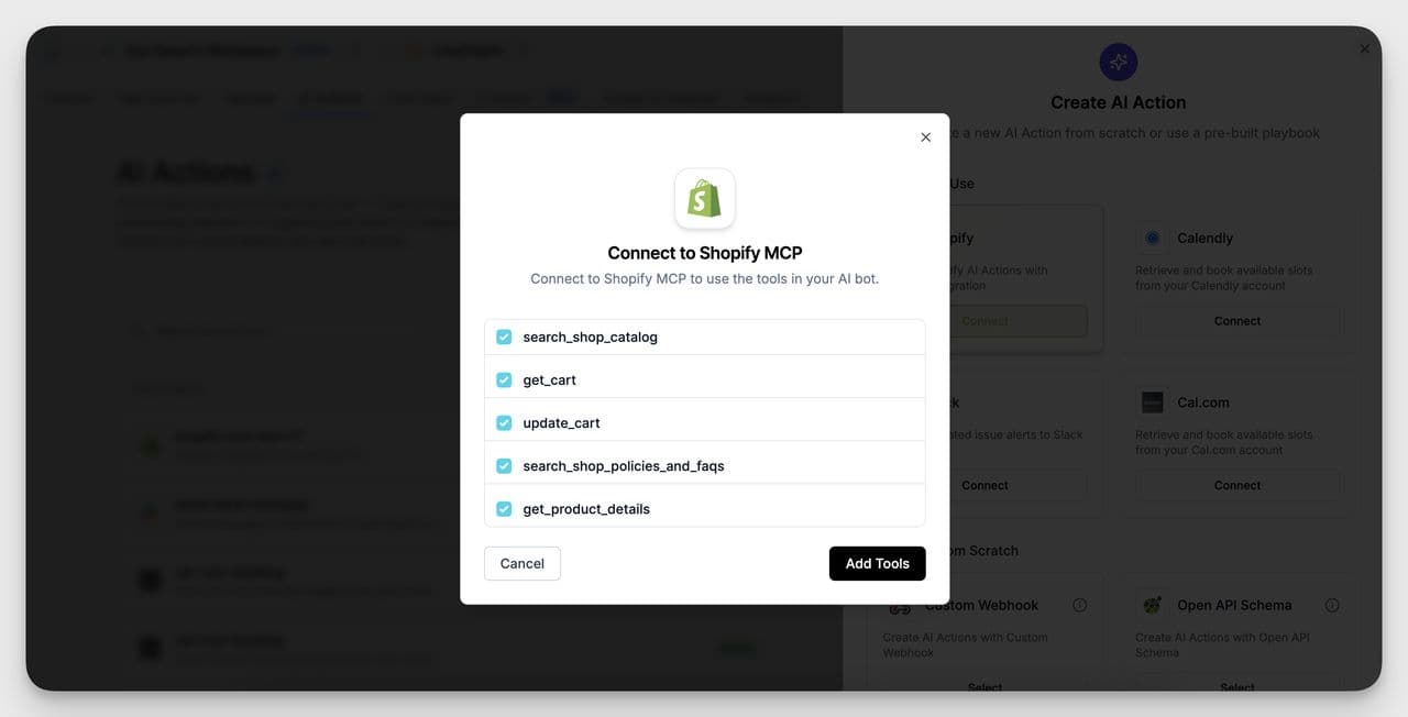 LiveChatAI Shopify MCP connection window displaying AI Actions options like search_shop_catalog, get_cart, update_cart, and get_product_details for Shopify data automation.